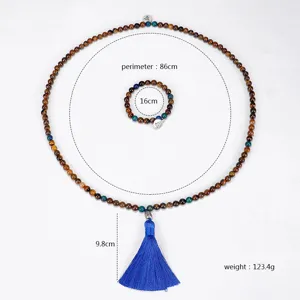 Ensemble collier Mala en œil de tigre avec pompon bleu, 108 perles, périmètre 86cm