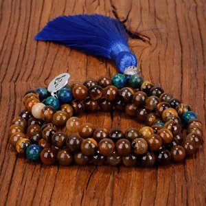 Collier Mala 108 perles en oeil de tigre fait main avec pompon bleu et breloque Bouddha