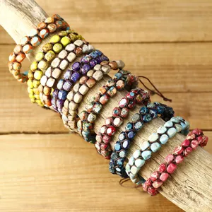Bracelet Enveloppant Double Couche Tissé à la Main Bohème Vintage en Pierre Naturelle de Shoushan Jaspe Impérial Ajustable Unisexe
