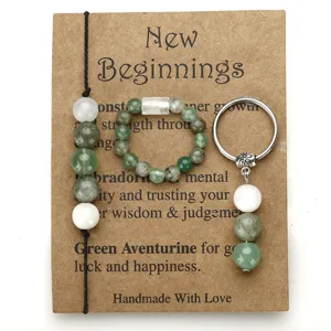 Handgefertigtes Naturstein Perlen Armband Ring Schlüsselanhänger Set New Beginnings Mondstein Labradorit Grüner Aventurin Segen Grußkarte Schmuck Set Für Reise Geschenk