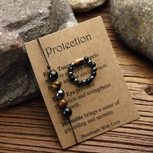 Handmade beaded bracelet and ring set on protection card with tiger eye and hematite stones