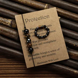 Detail view of handmade tiger eye and hematite beaded jewelry set on a protection card.
