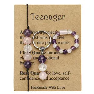 Handmade amethyst and rose quartz crystal beaded bracelet, ring, and keychain gift set