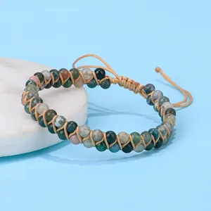 Bracciale fatto a mano in perle d'agata indiana a doppio strato con cordino regolabile
