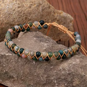 Bracciale a Doppio Giro in Pietra Naturale di Agata Indiana Intrecciato a Mano Gioielli con Coulisse Regolabile per Uomo Donna