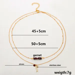 Elegant double layer stainless steel necklace with garnet stones and floral snow lotus charm