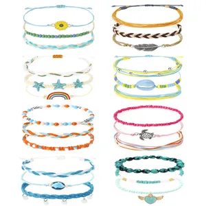 Boho Geflochtenes Wachsfaden Armband Set Handgefertigt Gänseblümchen Sonnenblume Meeresschildkröte Muschel Verstellbares Strandseil Schmuck Damen