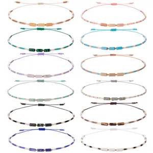 Handgemachtes Gewebtes Samenperlen Armband Für Damen Naturstein Zylinder Geometrisches Perlen Verstellbares Seil Bangle Schmuck