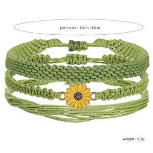 Set de pulseras tejidas verdes bohemias con girasol, 16-32cm ajustable.