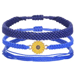 Juego de pulseras bohemias hechas a mano de cordón de cera trenzado con girasol amarillo azul