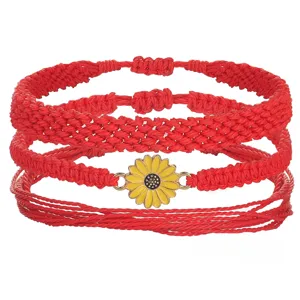Conjunto de pulseras bohemias hechas a mano de hilo de cera trenzado rojo con girasol