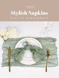 Elegant sage green wrinkled cheesecloth napkins and runner set for wedding table decor