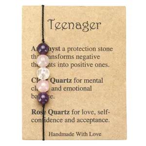 Handmade stone beaded bracelet with amethyst and rose quartz on card