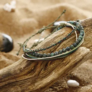 Handmade braided 3-piece bracelet set with African turquoise beads on driftwood