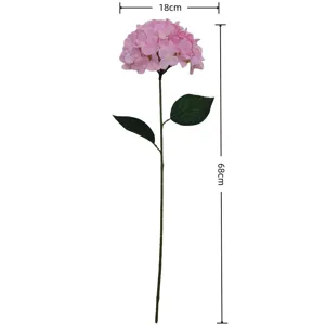 Detail view showing 18cm pink artificial hydrangea flower head and 68cm long stem.
