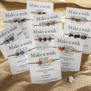 Handmade natural stone wish bracelets with healing crystal beads on display cards