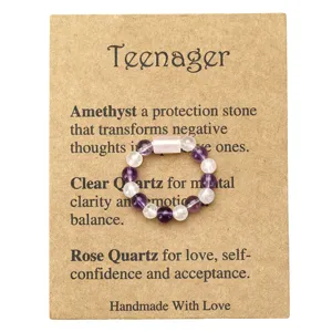 Detail of handmade beaded ring with amethyst, clear quartz and rose quartz on card.