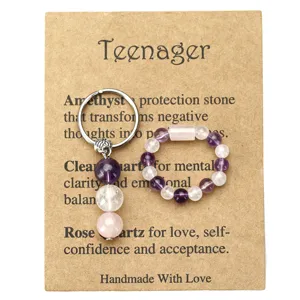Detail view of handmade natural crystal bead ring and keychain set on a display card
