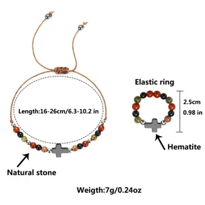 Detail eines Perlenarmband- und Ring-Sets aus Stein mit Maßen und Materialangaben.