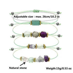Detail of handmade fluorite stone bracelet set with adjustable size and weight specs