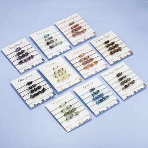 Detailed display of natural stone bracelet sets including amethyst and apatite
