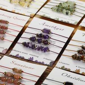 Natural gemstone bracelet set featuring amethyst, sunstone, and quartz on property cards