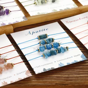 Handmade apatite and strawberry quartz raw stone bead bracelet set on elegant display cards
