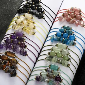 Natural Stone Bracelet Set For Women Men Handmade Woven Adjustable Raw Apatite Amethyst Tiger Eye Crystal Chip Beads Boho Healing Jewelry Gift