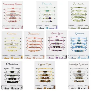 Set of 10 natural gemstone bead and chip bracelet sets with spiritual meaning cards
