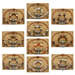 Naturstein Kreuz Armband Ring Set Für Damen Amethyst Citrin Mondstein Verstellbares Geflochtenes Kordel Armband Affirmation Karte Schmuck Geschenk