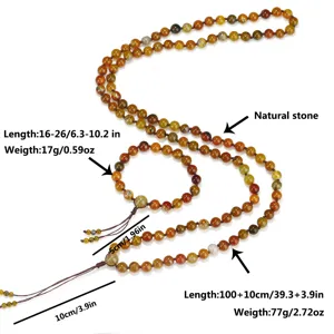 Gedetailleerd overzicht van 108 drakenagaat MALA-kralenketting met maat- en gewichtspecs