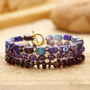 Pulsera Multicapa Hecha a Mano de Piedra Natural Emperador Amatista Granate Con Hebilla OT de Aleación Joyería Étnica Para Regalo Mujer