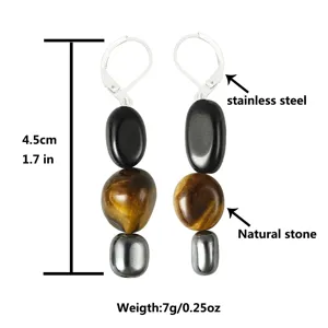 Dimensioni dettagliate e vista dei materiali degli orecchini in occhio di tigre ed ematite