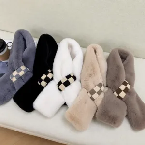 Women Winter Warm Faux Rabbit Fur Scarf Plaid Patchwork Thickened Soft Neck Warmer Fashion Korean Style Scarf
