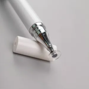 Universal capacitive stylus pen for phone and tablet with transparent disc tip white.