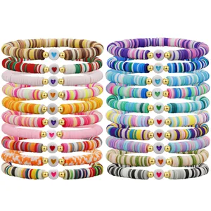 Boho Handgefertigt Polymerton Perlen Stretch Armband Bunt Heishi Scheibenperlen Herz Muster Charm Elastischer Armreif Armband Für Damen Tägliches Geschenk