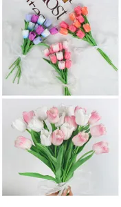 Close-up detail of realistic artificial PU tulip bouquets with white ribbons for decor.
