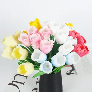 Artificial tulip bouquet faux flowers colorful PU tulips in black vase for home wedding decor.