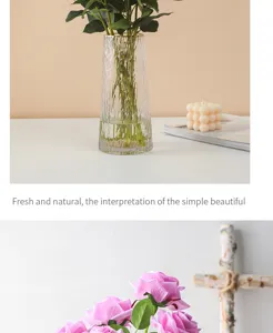 Detailed view of artificial rose flower bouquet in textured glass vase for home decor.