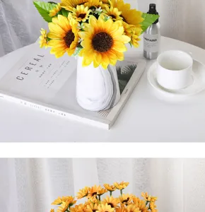 Bouquet de tournesols artificiels dans un vase en marbre, arrangement floral élégant pour déco.