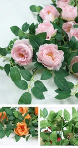Artificial peony flower vine detail view, showing realistic pink and orange silk floral decor.