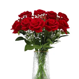 Artificial red roses bouquet with baby breath flowers in clear glass vase for home decor
