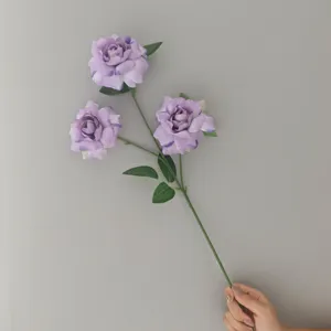 Detailed shot of a 3-head artificial rose stem with purple gradient petals for home decor.