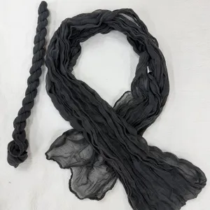 Dark grey narrow pleated voile scarf detail, elegant crinkled long scarf for women everyday wear.