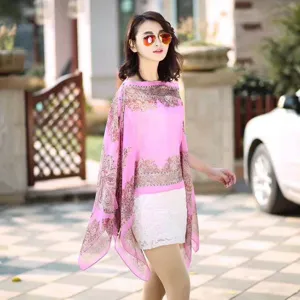 Pink paisley print chiffon shawl beach wrap, versatile loose sun protection clothing detail.