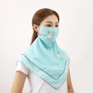 Summer sun protection face mask veil with floral embroidery chiffon for outdoor cycling