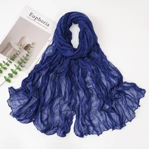 Dark blue crinkled lightweight sheer scarf, elegant solid color sun protection shawl for women