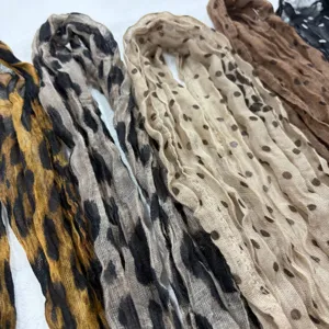 Vintage leopard print cotton linen long scarf pleated thin shawl for women spring autumn daily wear