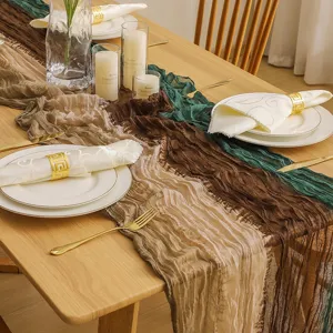Camino de mesa de gasa boho para decoracion de bodas, tela de muselina arrugada.