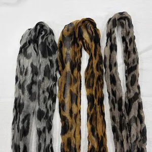 Women vintage leopard print scarf lightweight crinkle long shawl breathable neckerchief